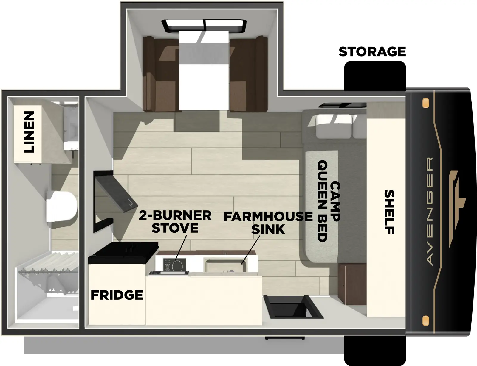 The Avenger 17FQS floorplan has one entry and one slide out. Exterior features include: metal exterior and 10' awning. Interiors features include: front bedroom and rear bathroom.